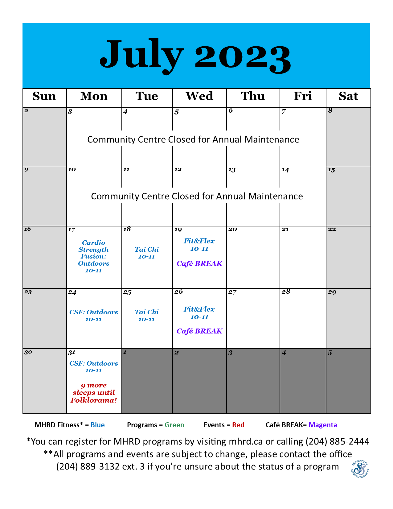 Current Month Calendar | Headingley Seniors Services